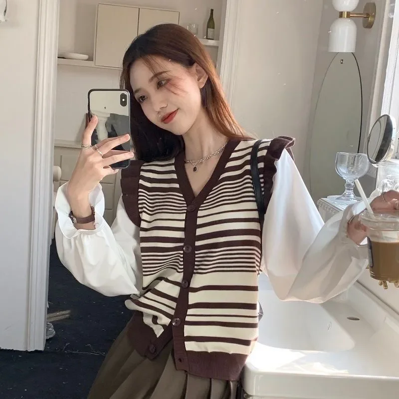 

Контрастная рубашка в полоску в стиле ретро, искусственный вязаный кардиган из двух частей для женщин, осенне-зимний новый топ с длинными рукавами