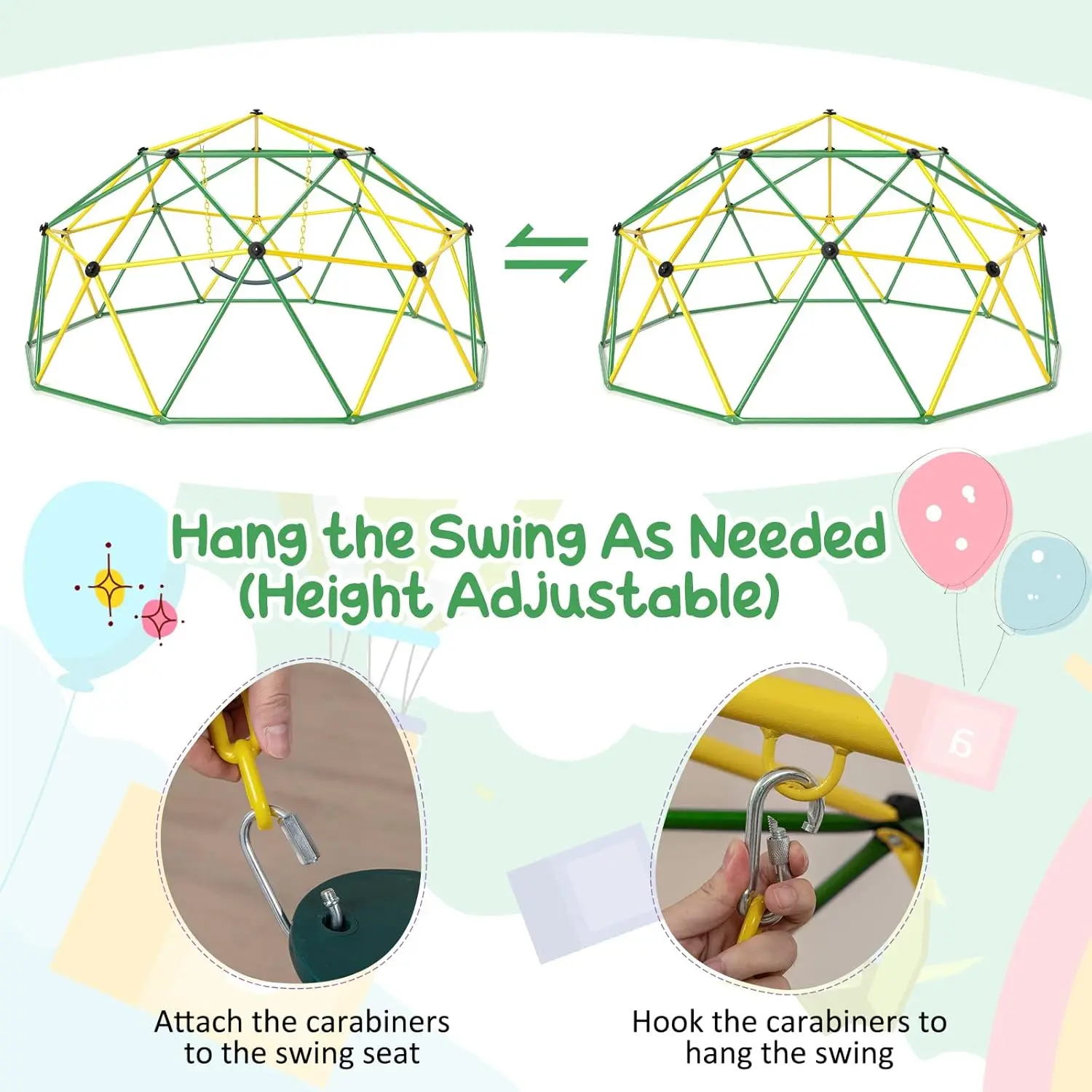 Cúpula de escalada de 10 pés com balanço, barra de macaco de ginástica de selva atualizada para quintal, brinquedos de escalada ao ar livre para crianças, equipamento de playground