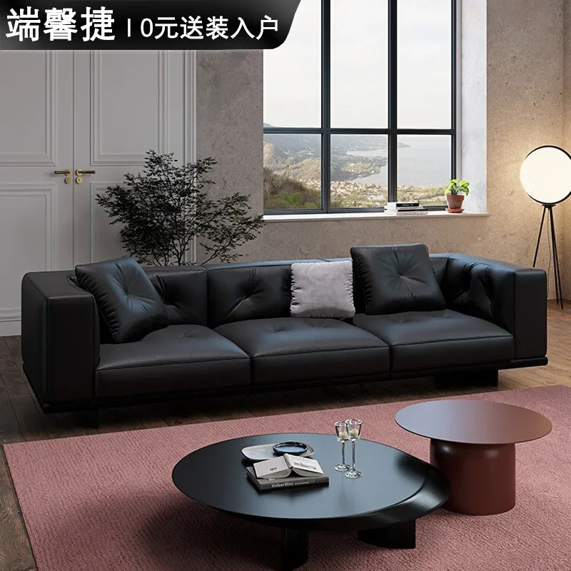 Italian minimalist leather sofa first layer cowhide living room villa large flat sofa straight row