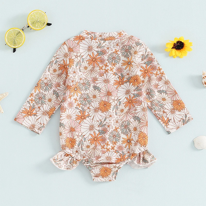 6M-4T Little Girl's Swimsuit Chrysanthemum Print Long Sleeve Zipper Rash Guard Bathing Suit Infant Toddler Beachwear