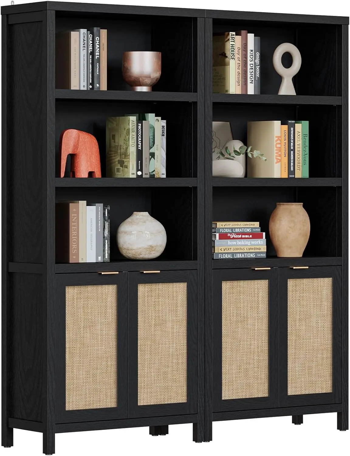 Bookcase 5 Tier Bookshelf Rattan Boho Tall Book Case Shelf with Doors Storage Wood Large Bookcase Farmhouse (Black 2PCS)