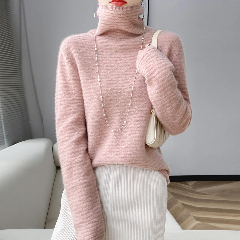 100% wool knitted women\'s sweater pullover solid color long sleeve turtle neck women\'s pullover knitted warm top.