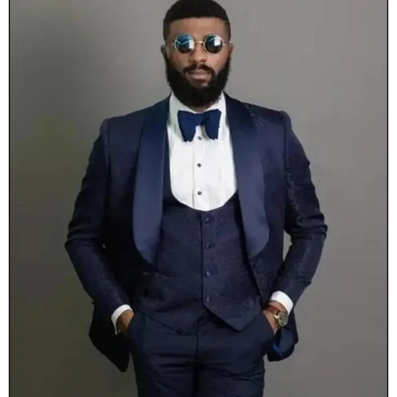 

New Navy Suit for Men Groom Tuxedo Lapel Wedding Suit for Men Business Blazer (Jacket + Pants + Vest)