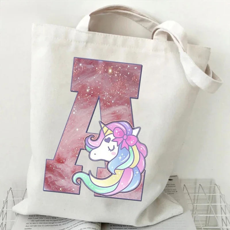 Cute Unicorn Dreams Alphabet Graphic Canvas Shopping Bag Women Cartoon Cute Unicorn Alphabet Canvas Shoulder Bag Women Tote Bags