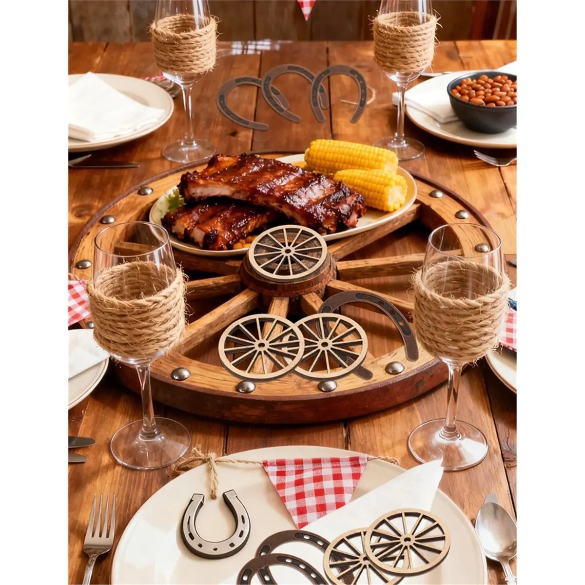 28Pcs Western Theme Party Decorations Mini Horseshoes Wagon Wheel Decor for Crafts Western Cowboy Table Centerpieces