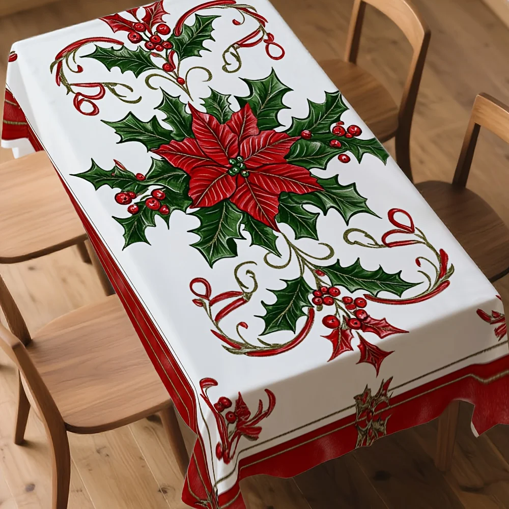 Christmas Poinsettia Holly Berries Waterproof Tablecloth Table Decor Winter Xmas Kitchen Dining Tablecloth Christmas Decorations