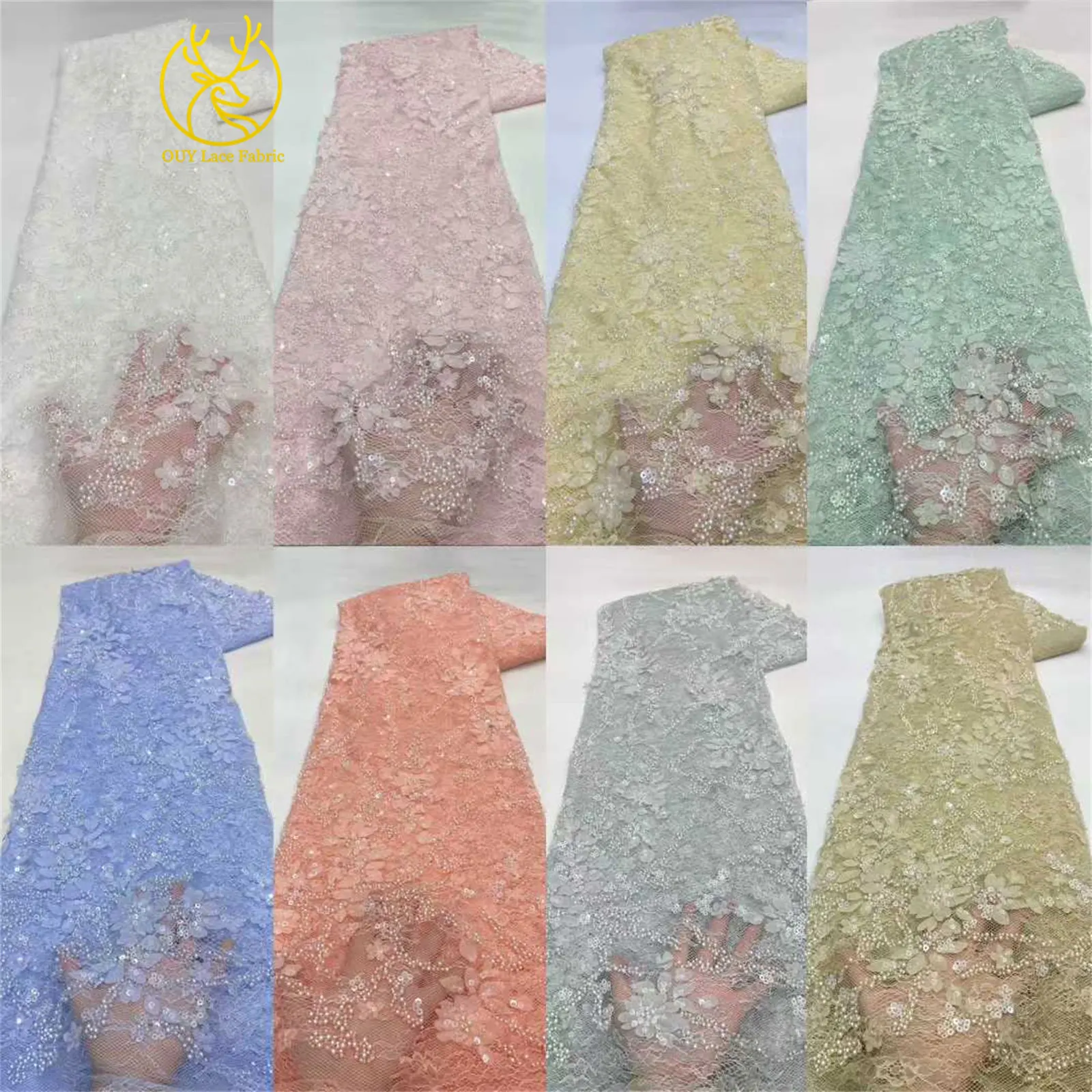 Afrikanischer nigerianischer Bräutigam-Perlen-Spitzenstoff 2026, französisches Netz, 3D-Applikation, Pailletten-Spitzenstoff für Party, Hochzeit, Kleid, Nähen, 5 Yards – Detail 3