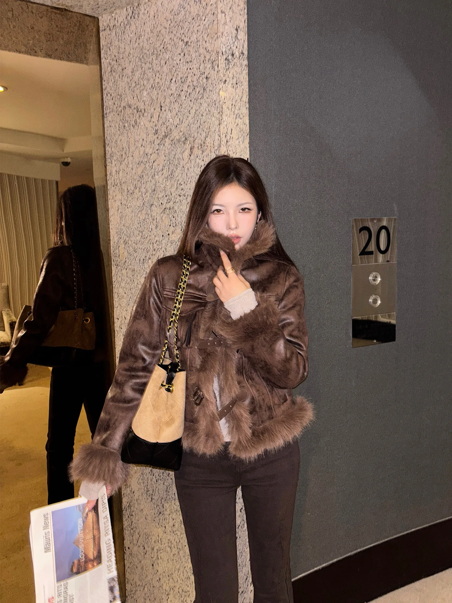 

Женское кожаное пальто Onelady Thiened, зимнее новое пальто с меховой кожей, экологически чистое ор, Long Sve Slim Fit