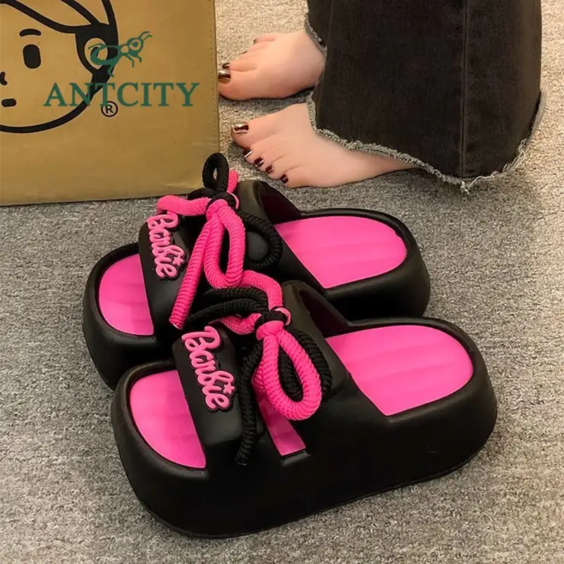 2024 New Miniso Barbie Summer Slippers Cute Anti-Slip Increase Height Women\'s Sandals Beach Shoes Comfortable Outdoor Flip Flops