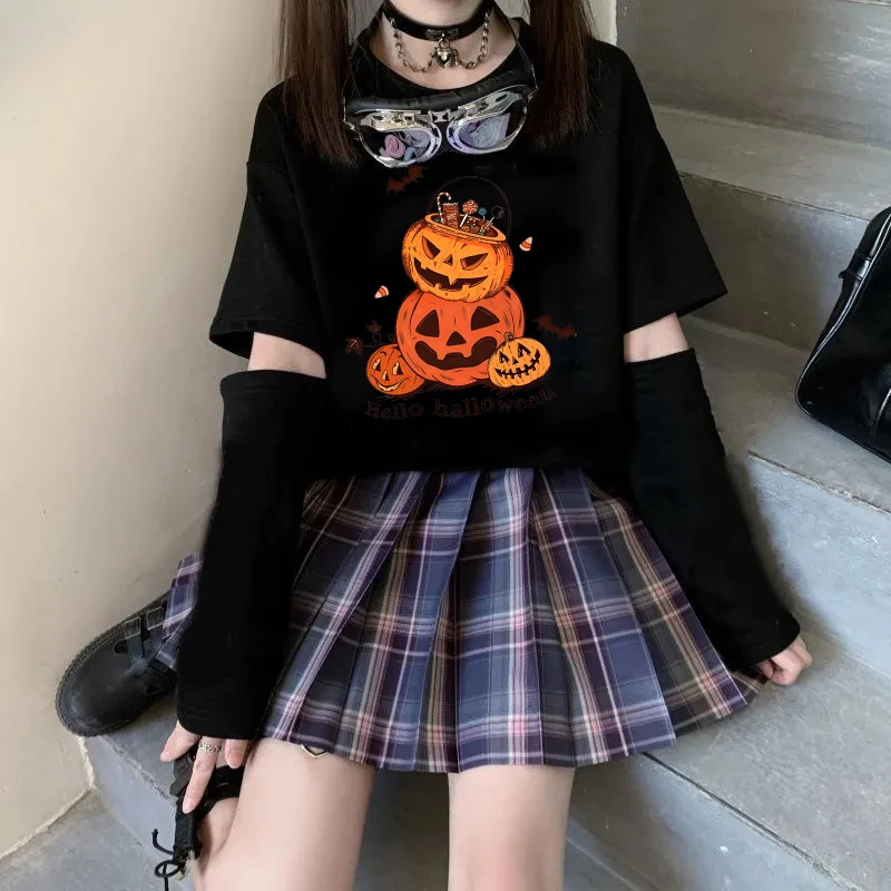 Women's Halloween Pumpkin Printed Round Neck Long Sleeve T-Shirt Goth Harajuku Top Loose Tee Cute Streetwear Fashion Clothes Y2K