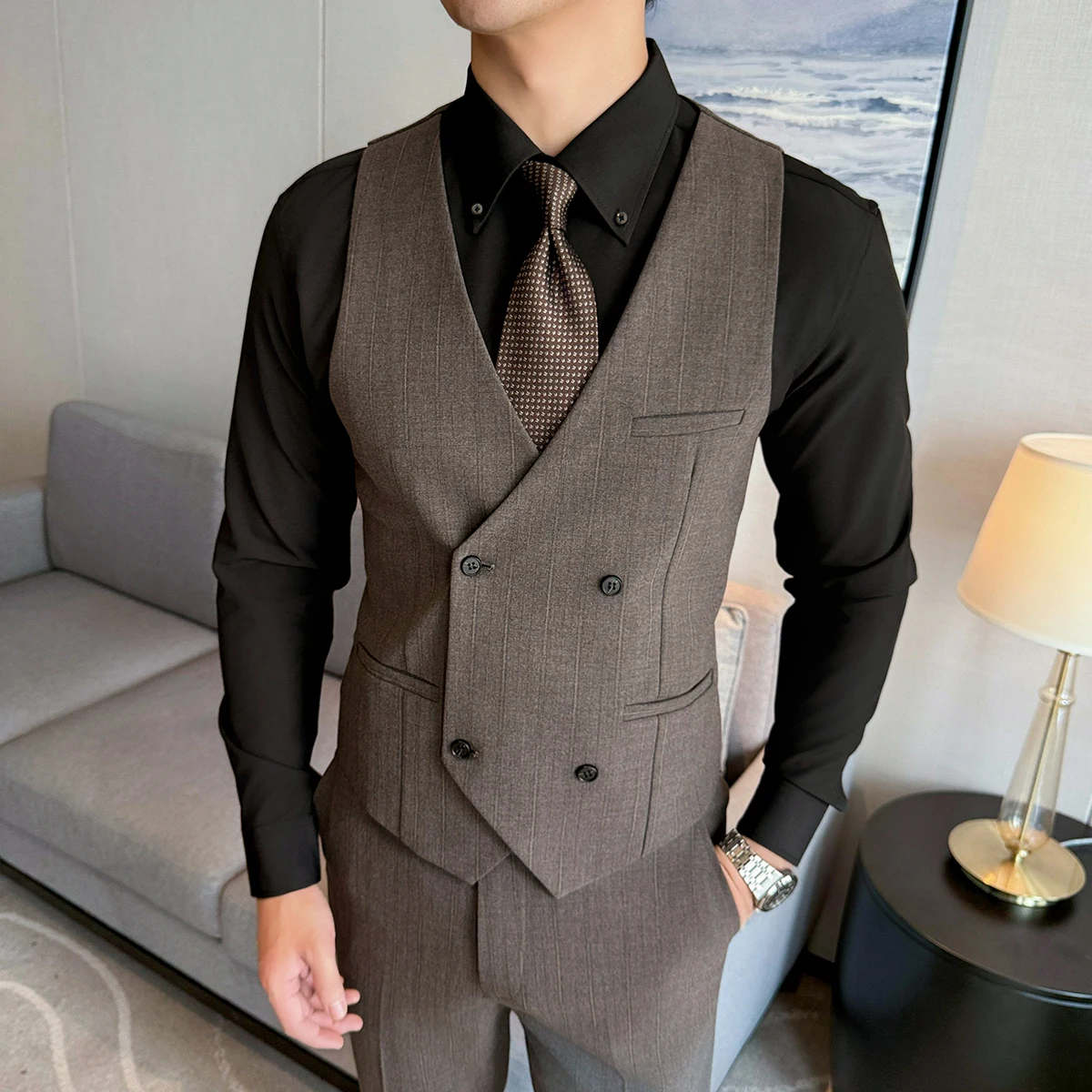 

( Vest + Pants) Men Double Breasted Striped Suit Vest 2 pieces Fashion Business Slim Fit Wedding Dress Sleeveless Vest Sets