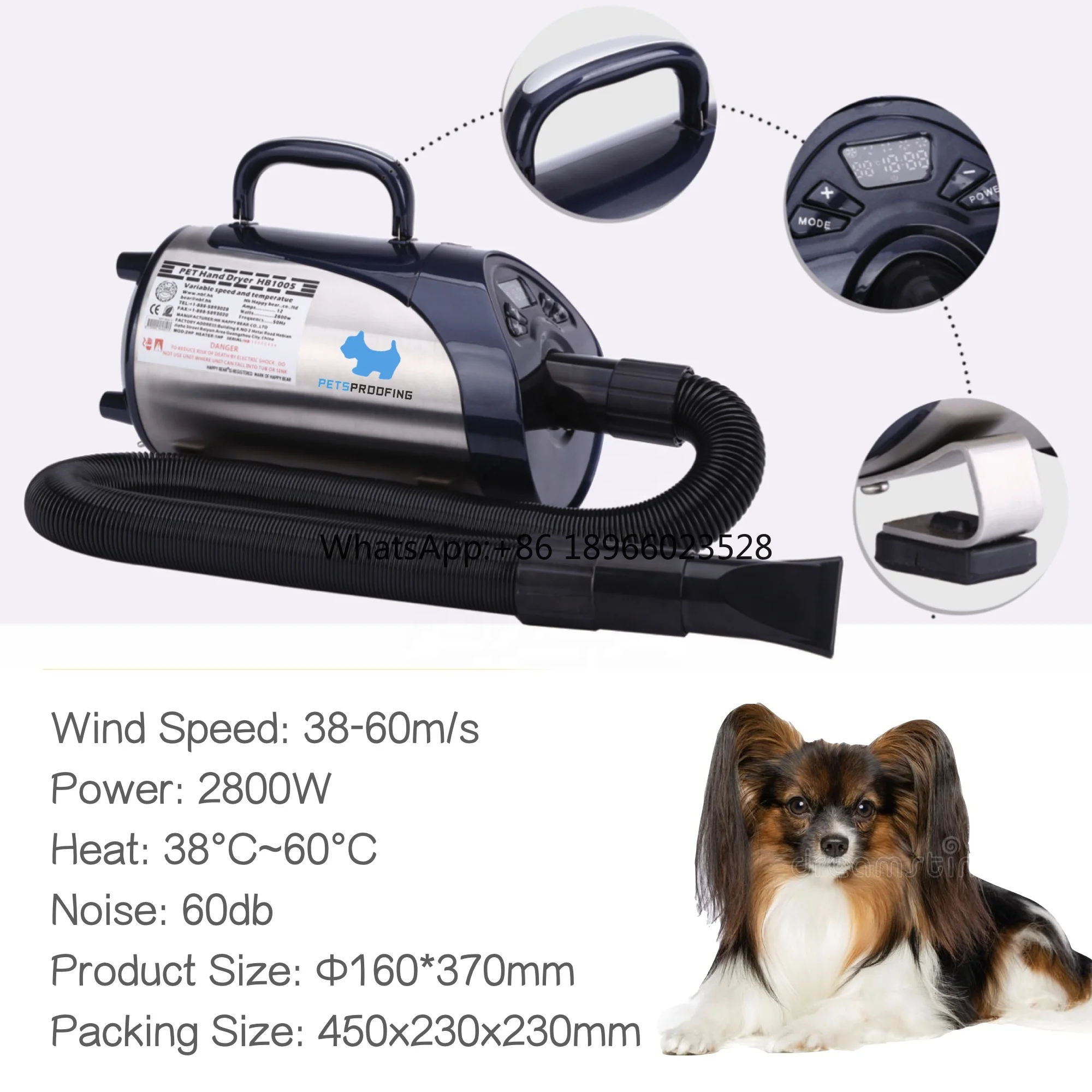 Petsproofing Professional Heating Adjustable Speed Nozzles Pet Dog Hair blow Dryer Machine Grooming Professional Dryer