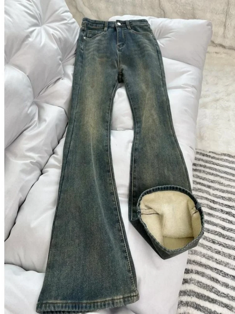 

plus Size Fce Lined Thiened Micro Flared Denim Jeans Women's Autumn Winter High Waist Slimming Elastic Straight Leg Wide...