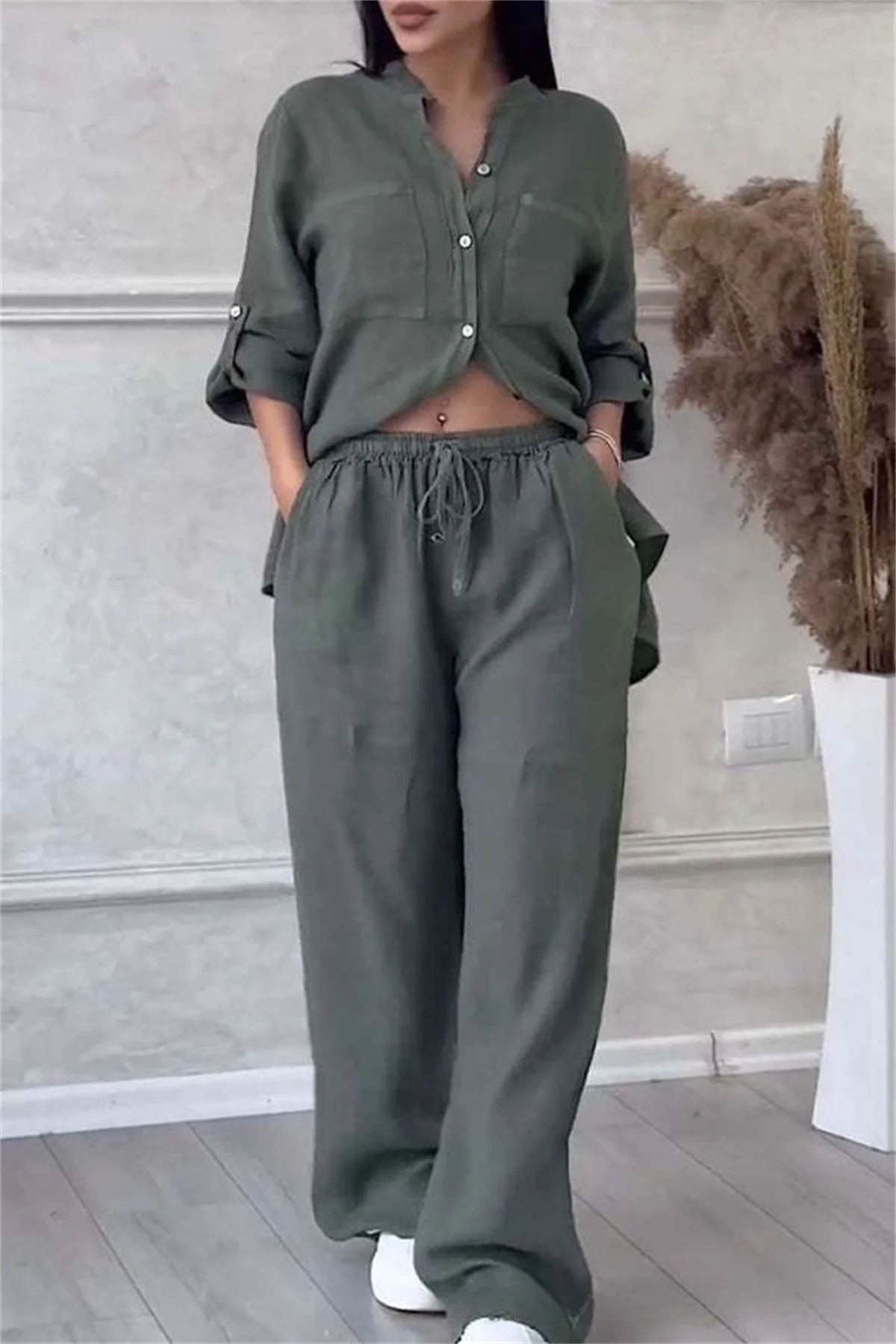 Women Fashion Two Piece Sets Loose Wide Leg Pants Long Sleeve Pocket Shirts Casual Outfites Suits 2024 Spring Autumn Simple Suit