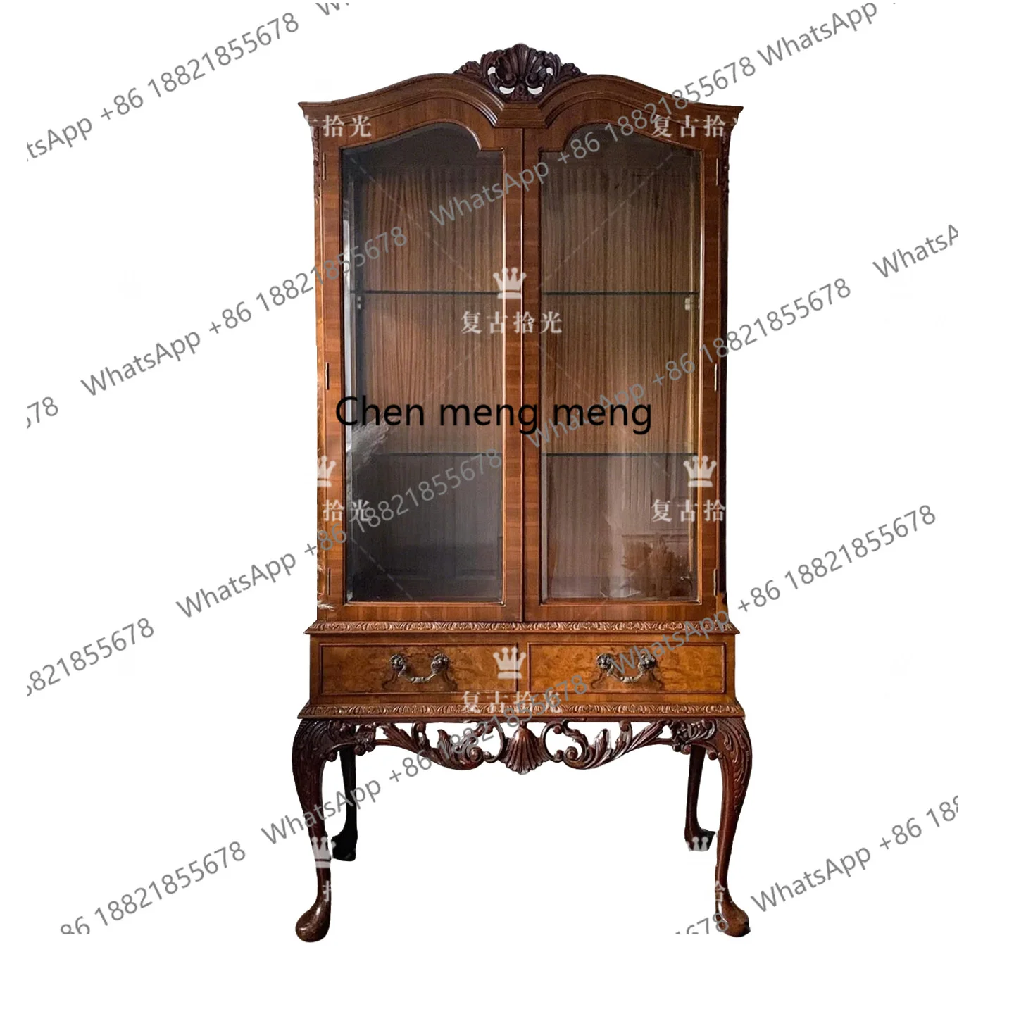 

French retro solid wood carving flower wine cabinet living room decoration storage home display bookcase