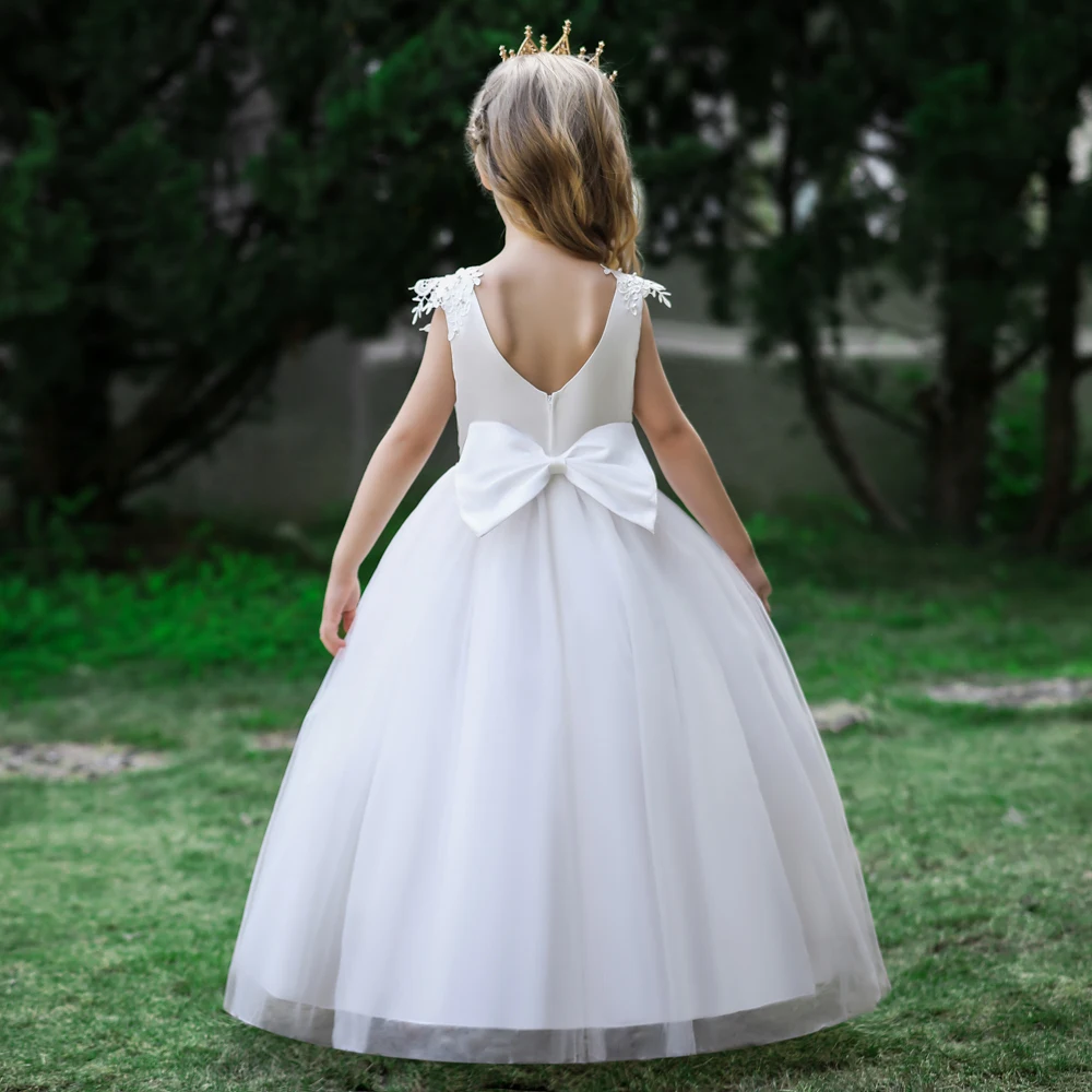 Formal Tulle Flower Bridesmaid Girls Dress Vestido White Wedding Princess Prom Kids Party Dresses For Girls Bow Birthday Costume