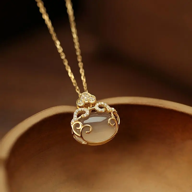 Safety Lock Jade Ruyi Necklace Women's Sterling Silver Special-Interest Design Antique White Chalcedony Longevity Lock Pendant G