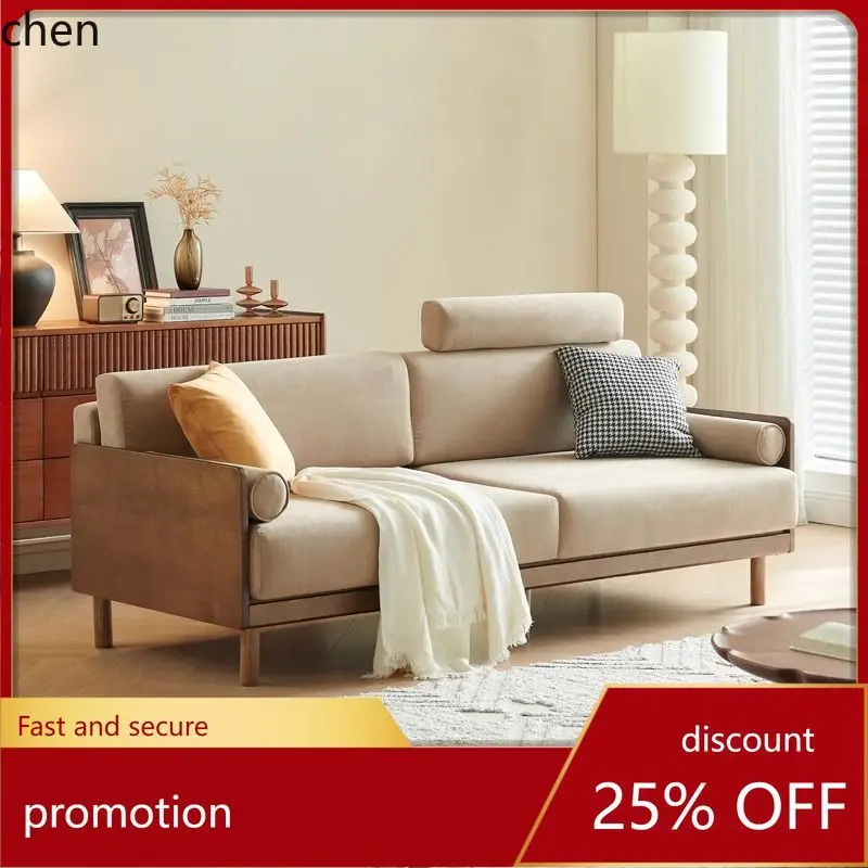 HT Retro Style Solid Wood Fabric Sofa Double Three-Seater Living Room Natural Wood Style Straight Row Sofa