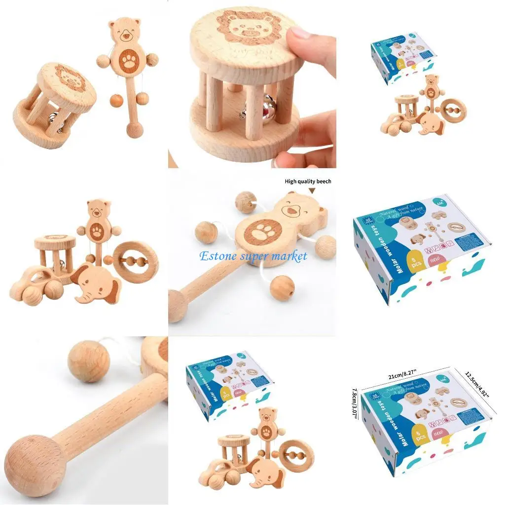 090B 5 pezzi giocattolo per dentizione del bambino giocattolo lenitivo in legno giocattolo sensoriale per bambini 3-12