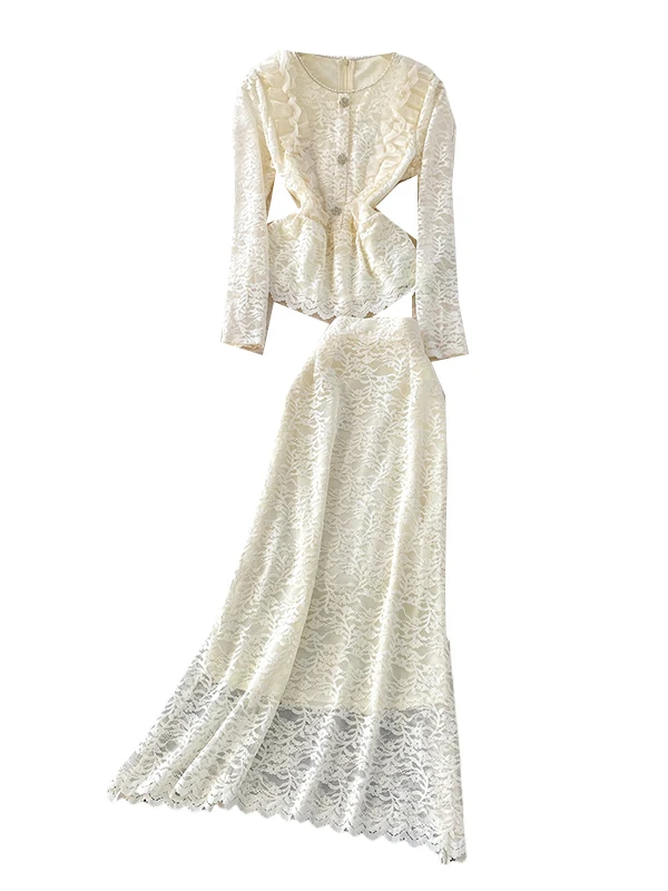 Ele round Ne Top in pizzo e gonna lunga Set in due pezzi con finiture in legno Abbellimento pesante Perline di diamanti Faionabl...