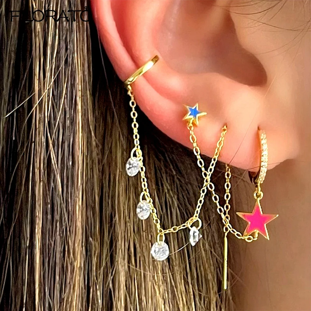 925 Sterling Silver Ear Needle One PCS Two Hole Hoop Earrings Piercing Earrings for Women Crystal Chain Earring Party Jewelry