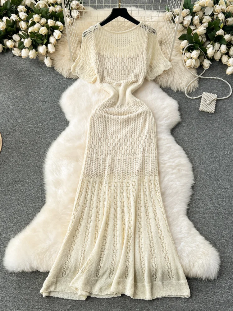 Korean Retro Crochet Hollow Knitted Dress Women Short Sleeve Slim Fishtail Long Dresses Ladies Summer Elegant Midi Robe Vestidos