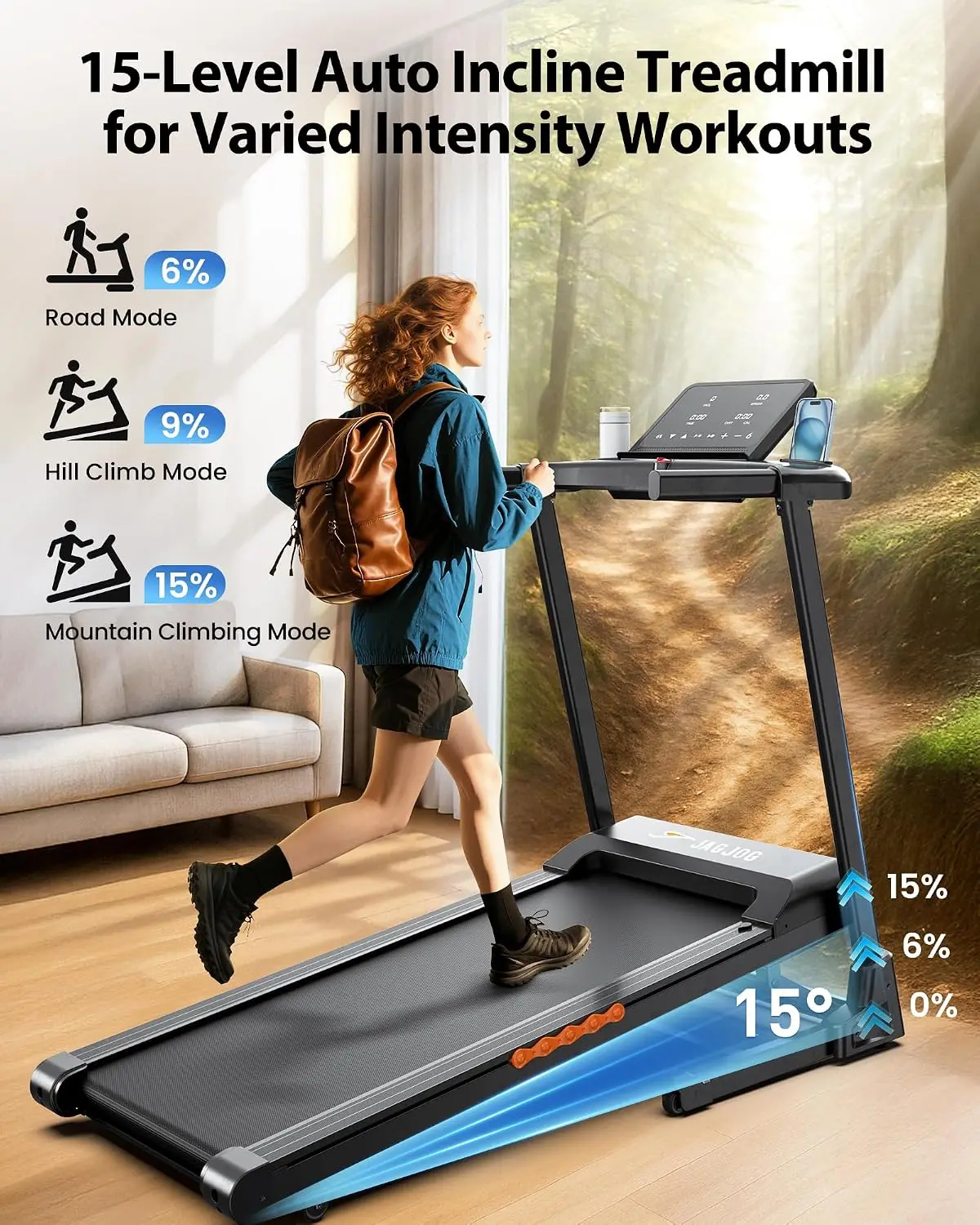 Foldable Treadmill with 15% Auto Incline, 8.8 MPH, 300 lb Capacity | Shock Absorption, LED Display, App Connectivity, 12 Preset