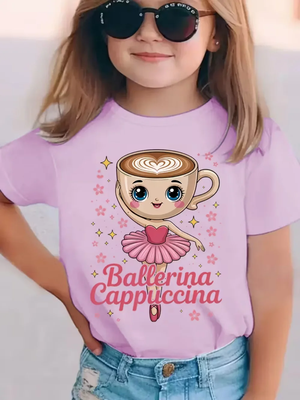 Ballerina Cappuccina Mädchen T-Shirt Italienisches Brainrot Lustige Kinder T-Shirts Sommermode Kurzarm Tops für Kinder Süße Kleidung