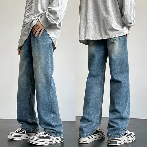 Nuevo 2025, pantalones vaqueros largos informales de estilo coreano para hombre, pantalones vaqueros rectos clásicos de pierna ancha, colores sólidos, azul claro, gris y negro