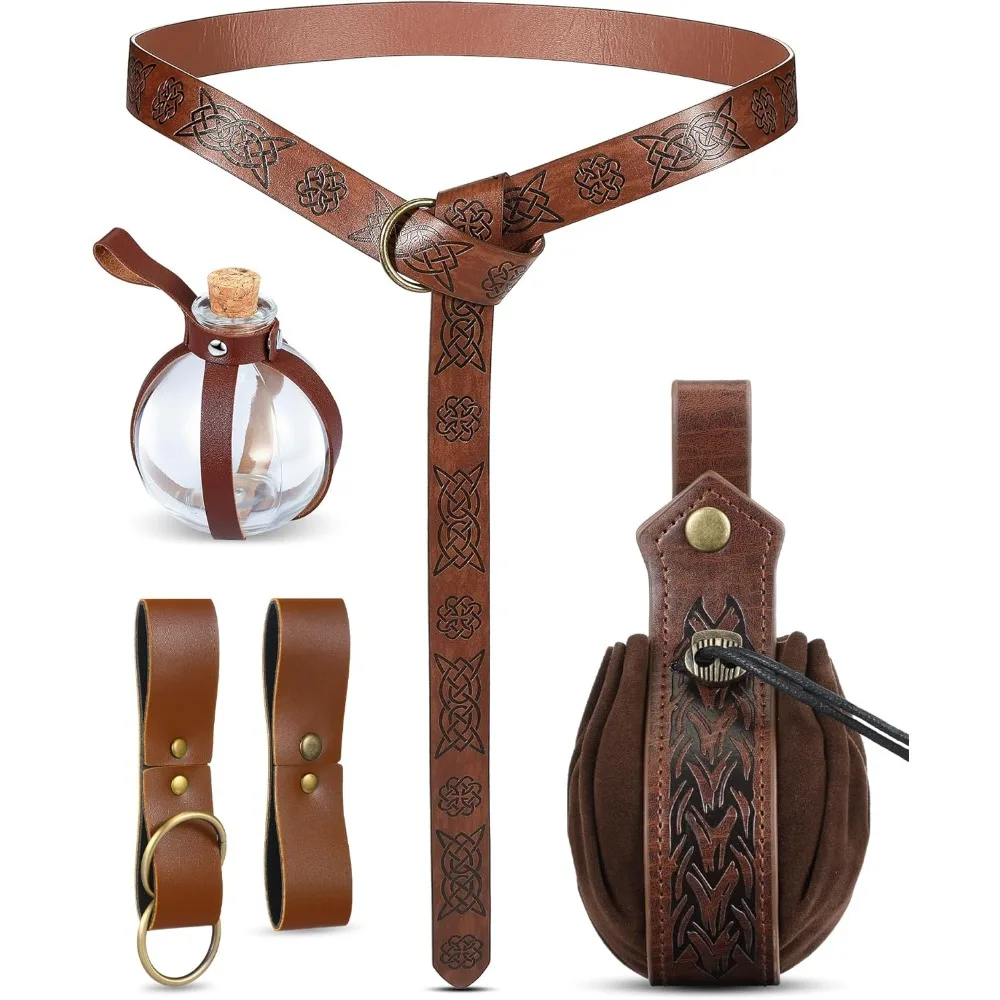 6 Pcs Renaissance Belt, Medieval Viking Belt Potion Bottles Leather Belt Pouch Skirt Hikes, Cosplay Costumes & Accessories Sets