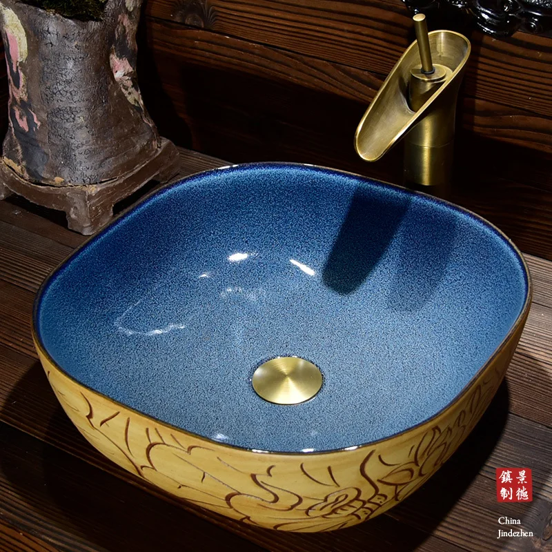 

China Artistic Handmade porcelain art Lavobo Round Countertop blue wash basin