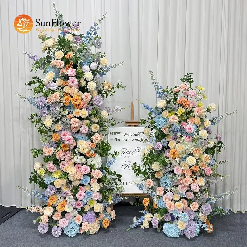 Symmetrical Equal Height Bright Pink Vertical Floral Swag Wedding Arch Prop