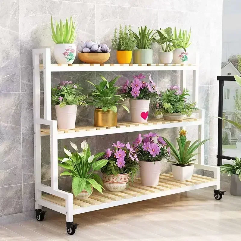 Solid wood flower pot rack movable balcony succulent rack wrought iron stepped type
