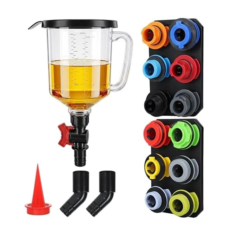 A99F-Oil Change Funnel With No Spill Design 1.59 QT, Leak Proof Engine Oil Funnel Kit Including 12 Color Coded Adapters
