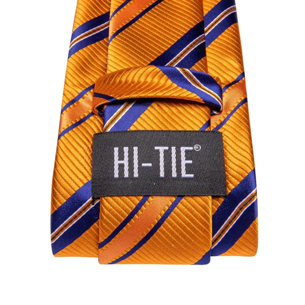 Striped Orange Tie For Men 2023 New Elegant Mens Necktie Pocket Square Cufflinks Groom Wedding Accessory Hi-Tie Design Wholesale