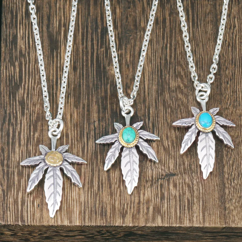 Punk Wind Japanese Korean S925 Sterling Silver Jewelry Thai Silver Necklace Turquoise Maple Leaf High Bridge Pendant Men's Perso