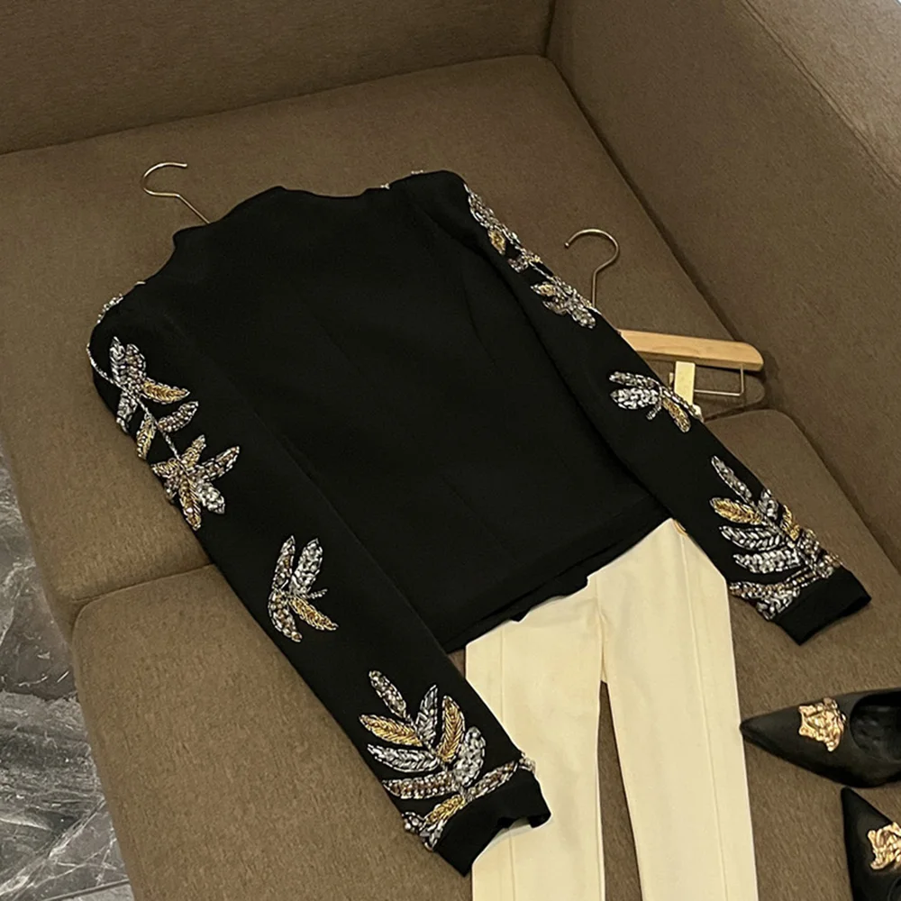 TWOTWINSTYLE Gorgeous Slimming Solid Jackets For Women V Neck Long Sleeve Spliced Diamonds Chic Jacket Female Style KJA533343