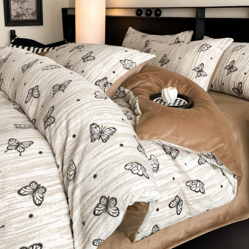 Winter Warm Velvet Duvet Cover Set Printed Queen Bedding Set with Quilt Cover Sheet Pillowcase 4pcs Plush Comforter Cover Set
