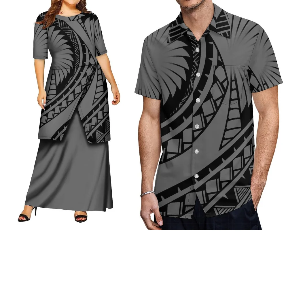 Couple Travel Party Outfits Polynesian Printed Custom-Made Pletasi Loose Long Dress For Women And Casual Shirt Tops For Men