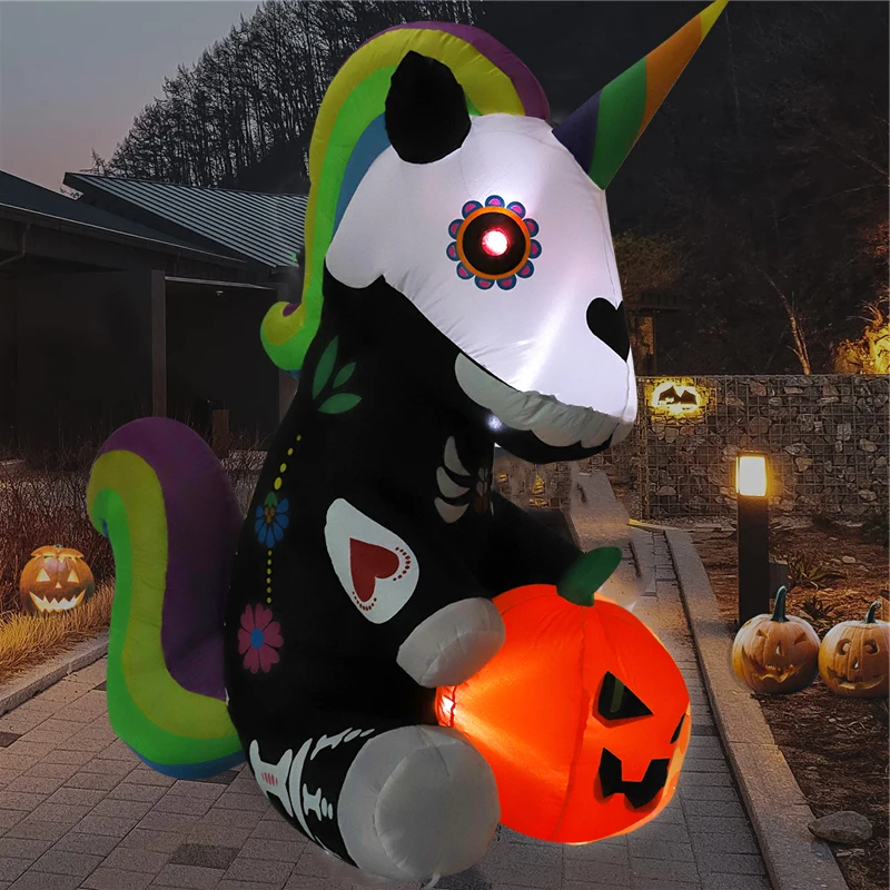 1.5M Halloween Inflatable Toy Skeleton Unicorn Pumpkin Built-in LED Lights for Outdoor Yard Lawn Halloween Party Decoration Prop