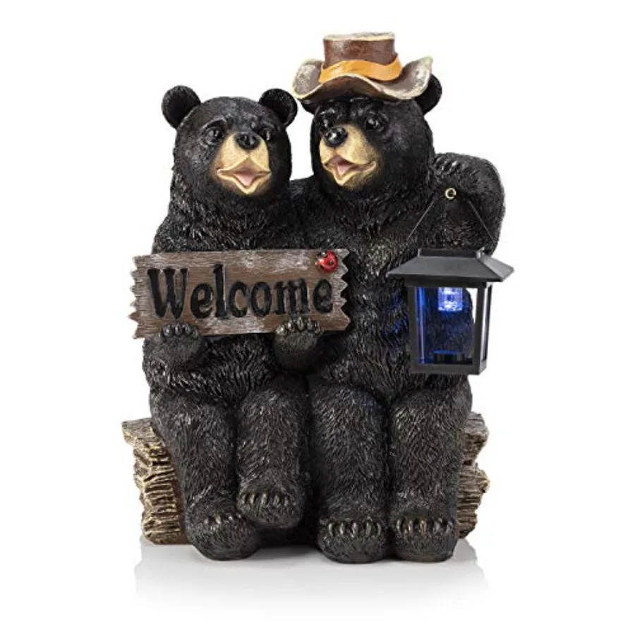 

15" H Outdoor Bear Couple with Lantern and Welcome Sign Statue with Solar LED Lights, Black
