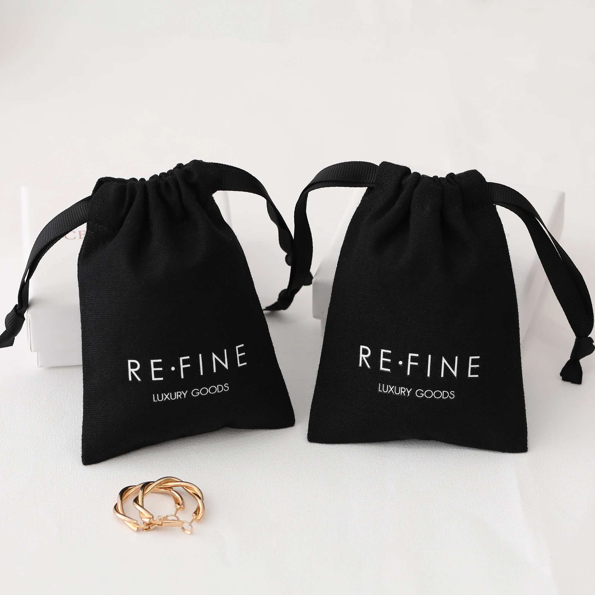 Custom Logo High Quality Black Cotton Jewelry Pouch Canvas Jewelry Gift Bag With Drawstring Pouch Bag