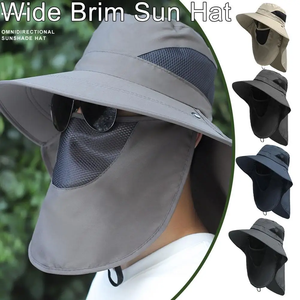 Sombreros Boonie de secado rápido para hombre, gorra de pescador con visera de malla transpirable, cubierta de máscara de cuello, visera ancha para exteriores, Verano