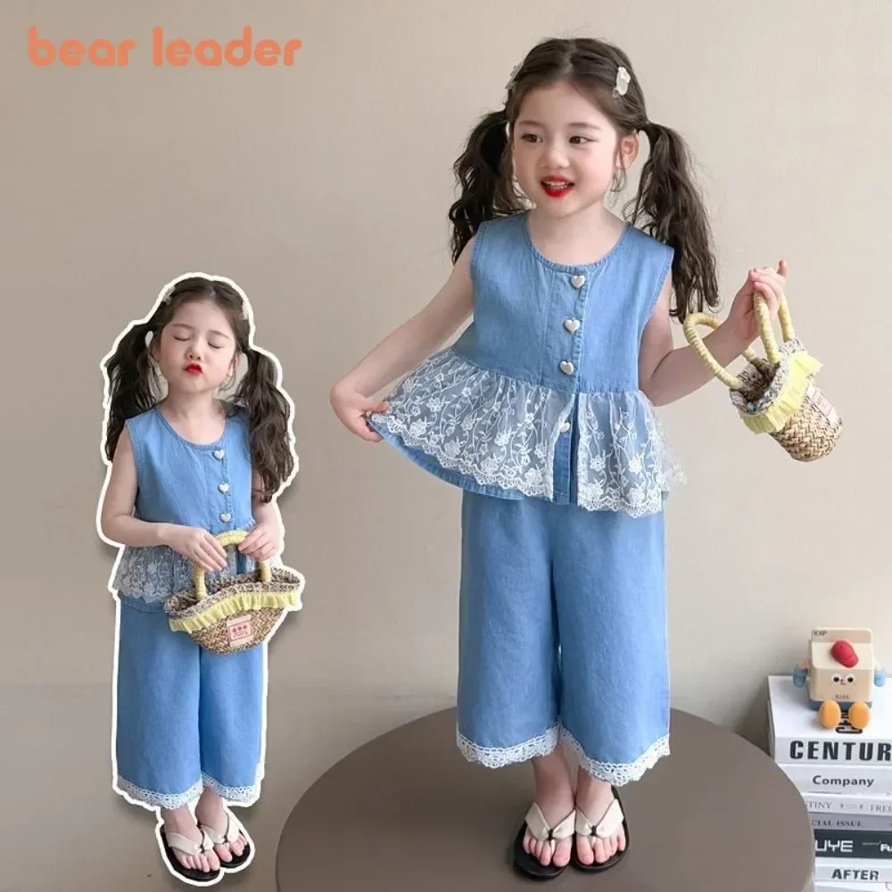 

Летняя модная новая синяя одежда Bear Leader для девочек, милый кружевной жилет без рукавов + брюки, комплект из 2 предметов, корейская версия, детская одежда