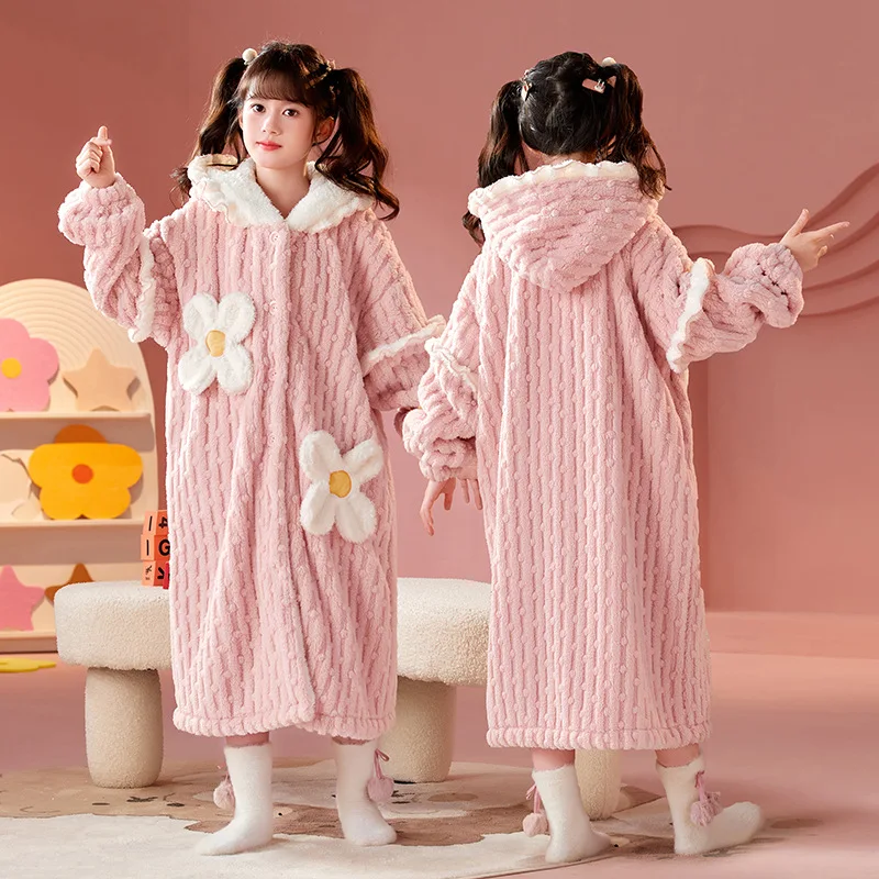 Fleece Bathrobe for Children Girls Winter Teenage Cartoon Pink Robes Thicken Hooded Warm Flannel Homewear Kids Bath Robe 6-14Y