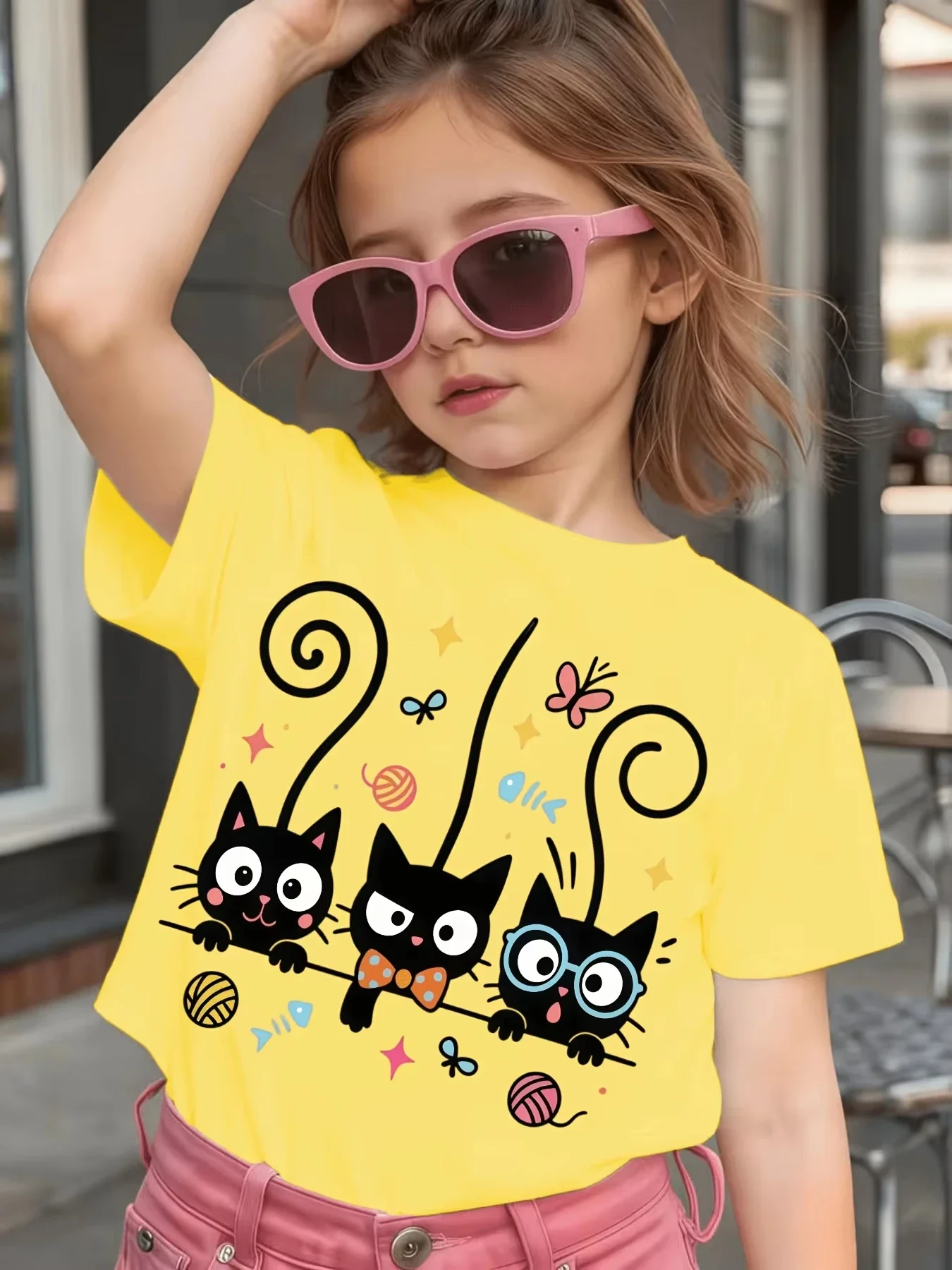 Toddler Cartoon Cat Printed T Shirt Adorable Three Black Cats Yarn And Butterfly Graphic Girls Soft Playwear Top