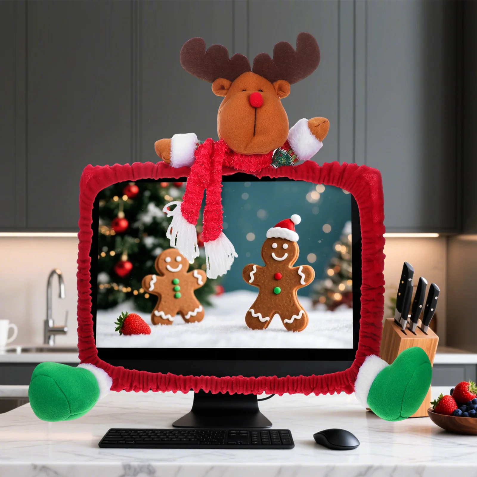 

25-35 Inch Computer Monitor Cover Christmas Decoration Festival Ornament Desktop Screen Protector Cartoon Elk Design Red