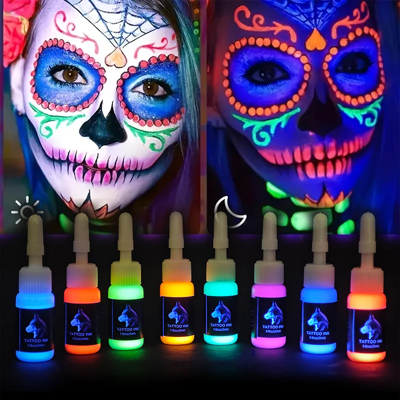 Juego de tinta de tatuaje fluorescente de 8 colores, 15ml (1/2 Oz), para arte corporal fluorescente de moda colorida, efecto brillante, lienzo humano