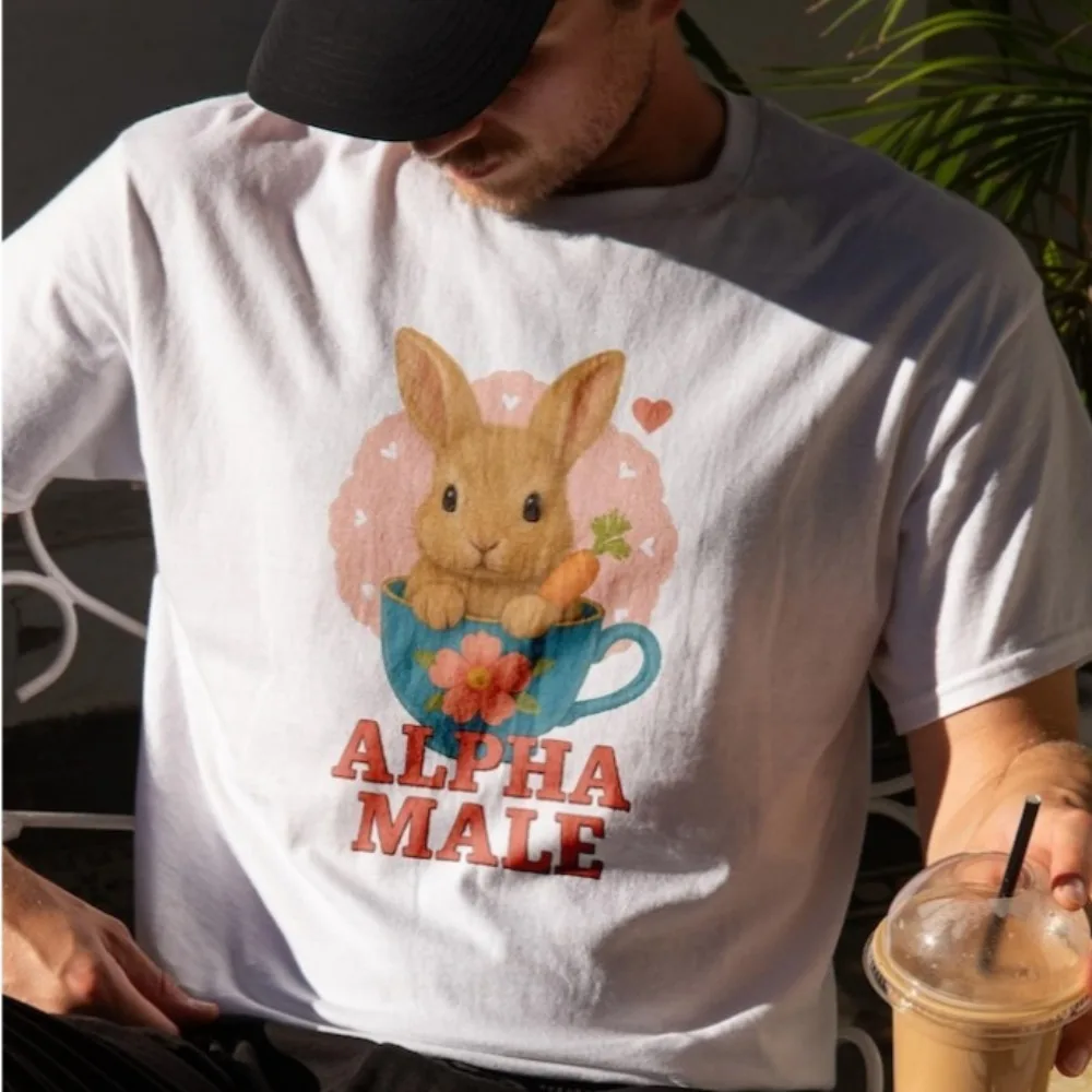 Alpha Male Shirt Funny Meme T-Shirt with Bunny Print Ironic Gift for Women Funny Animal Tees Oversized O-neck Tops