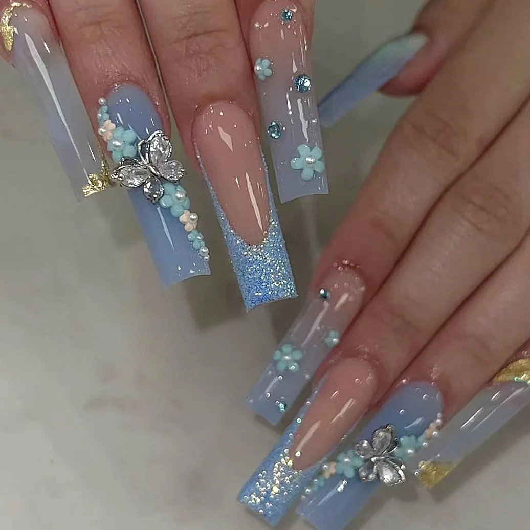 

24 Pcs Glitter Press on Nails Tips Butterfly Decorations for False Nails Extra Long Ballet Blue French Design Wearable Fake Nail